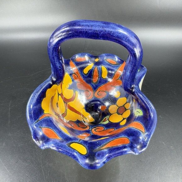 Vintage Talavera Mexico Pottery Hand Made Basket Bowl Hand Painted Signed Bottom - Picture 10 of 16
